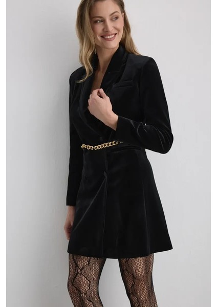 Zincir Kemerli Kadife Ceket Elbise - Siyah fiyatları