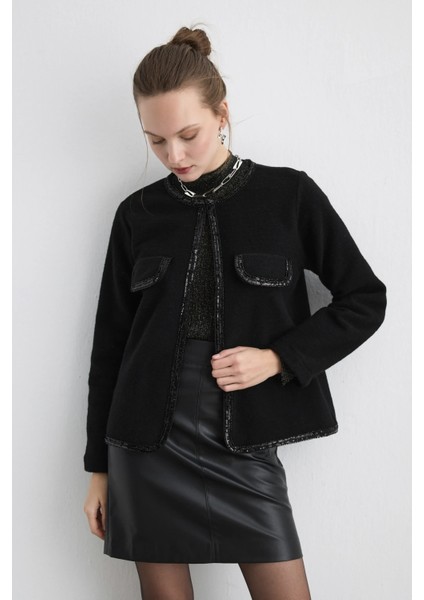 Boncuk Işlemeli Yün Ceket - Siyah