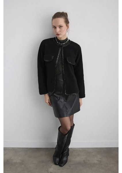 Boncuk Işlemeli Yün Ceket - Siyah modelleri