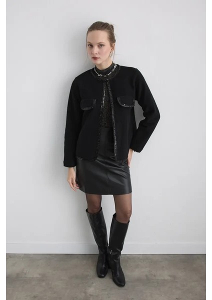 Boncuk Işlemeli Yün Ceket - Siyah fırsatları