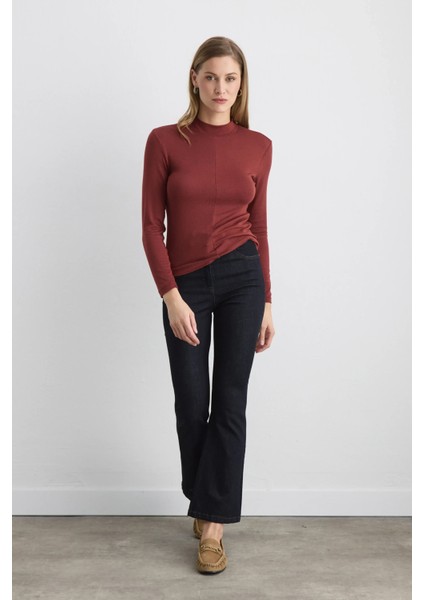 Dik Yakalı Viskon Lycra Bluz - Kiremit