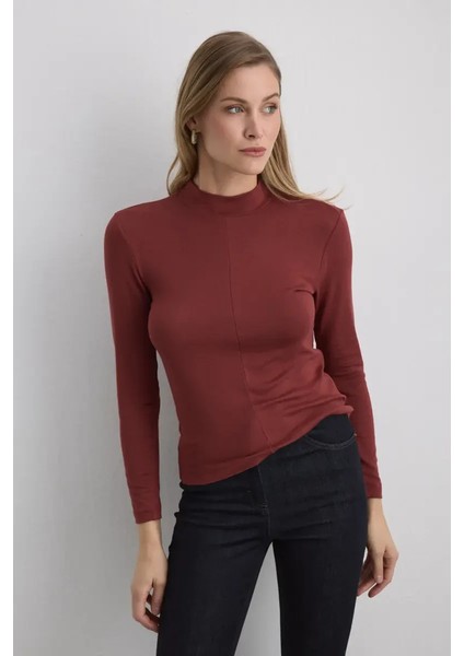 Dik Yakalı Viskon Lycra Bluz - Kiremit fiyatları