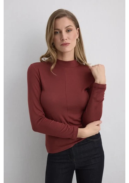 Dik Yakalı Viskon Lycra Bluz - Kiremit modelleri
