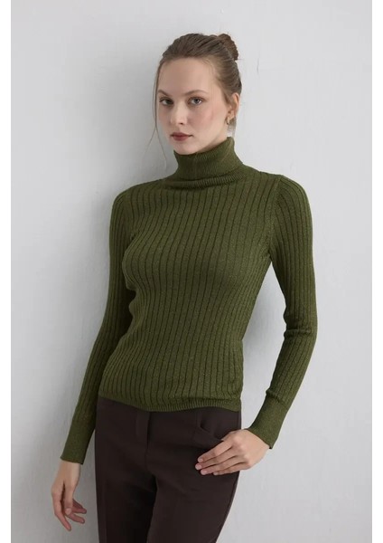 Simli Balıkçı Yaka Triko Bluz - Haki