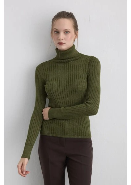 Simli Balıkçı Yaka Triko Bluz - Haki fiyatları