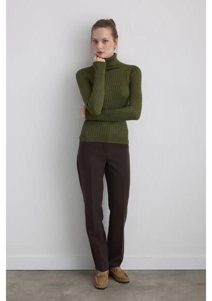 Simli Balıkçı Yaka Triko Bluz - Haki fırsatları