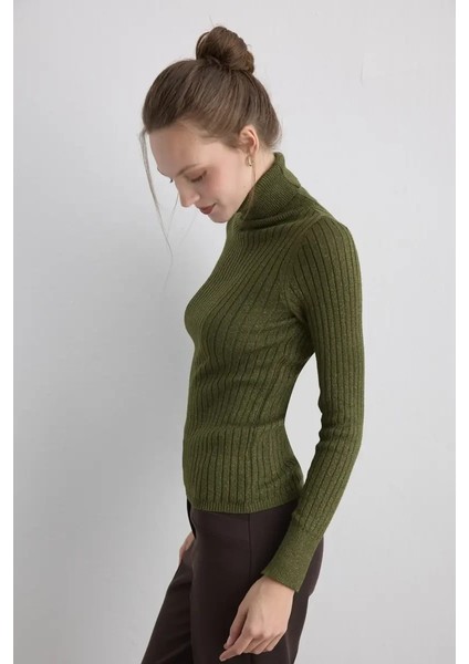 Simli Balıkçı Yaka Triko Bluz - Haki indirimleri