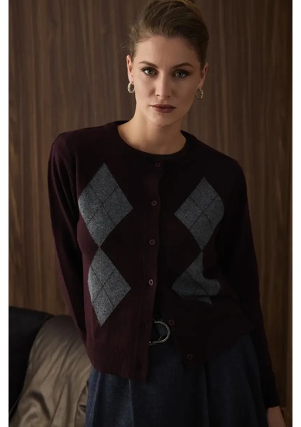 Baklava Desenli Triko Yün Hırka - Mürdüm