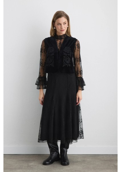Anka Koleksiyonu Dantel Uzun Etek - Siyah