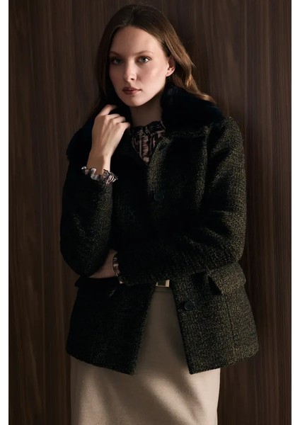 Çıkarılabilir Kürk Yakalı Yün Ceket - Haki