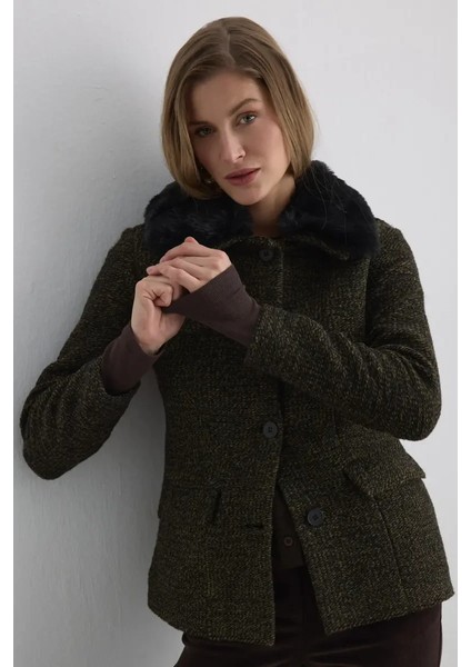 Çıkarılabilir Kürk Yakalı Yün Ceket - Haki modelleri