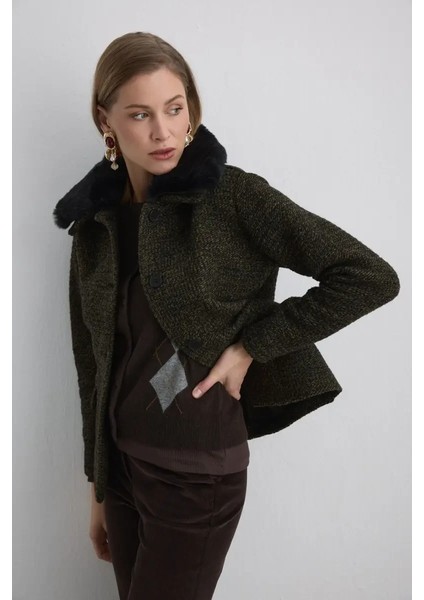 Çıkarılabilir Kürk Yakalı Yün Ceket - Haki fırsatları