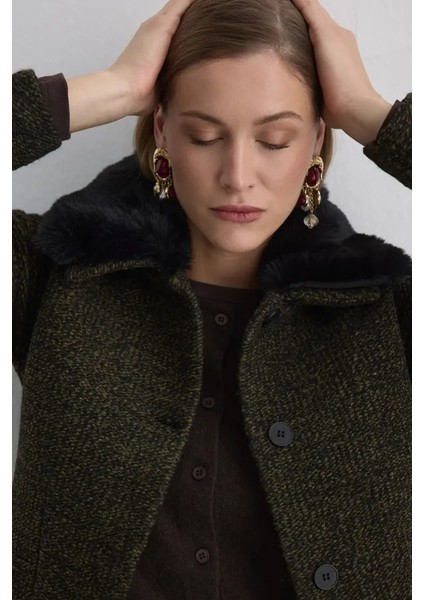 Çıkarılabilir Kürk Yakalı Yün Ceket - Haki indirimleri