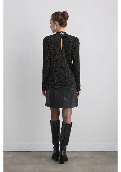 Yakası Düğmeli Rayon Triko Bluz - Siyah indirimleri