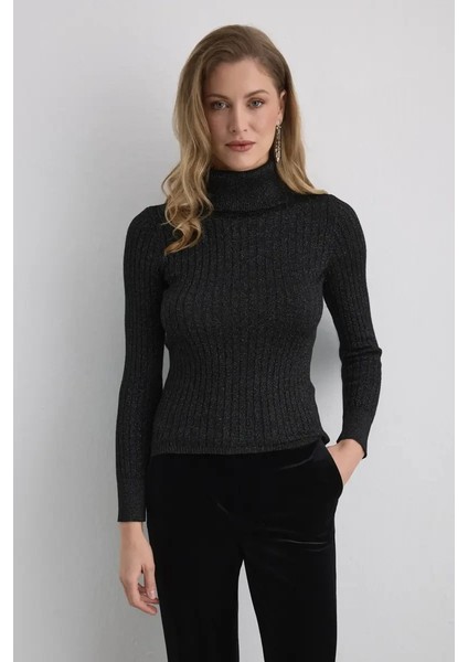 Simli Balıkçı Yaka Triko Bluz - Siyah