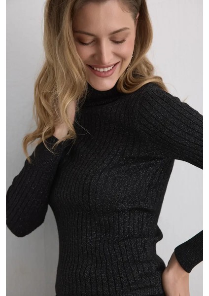 Simli Balıkçı Yaka Triko Bluz - Siyah modelleri