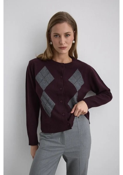 Baklava Desenli Triko Yün Hırka - Mürdüm modelleri