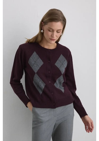 Baklava Desenli Triko Yün Hırka - Mürdüm fırsatları