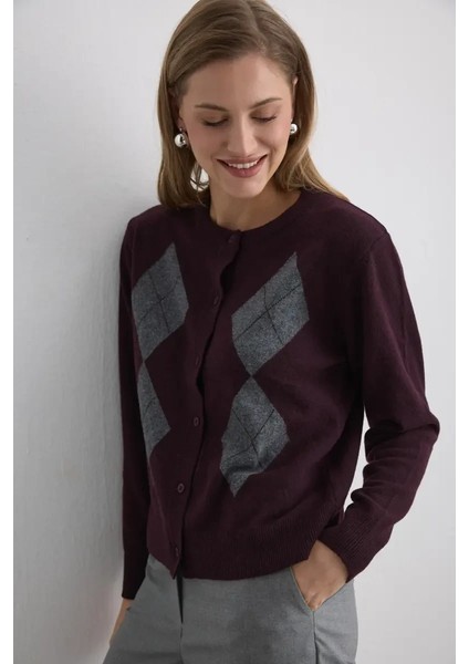 Baklava Desenli Triko Yün Hırka - Mürdüm indirimleri