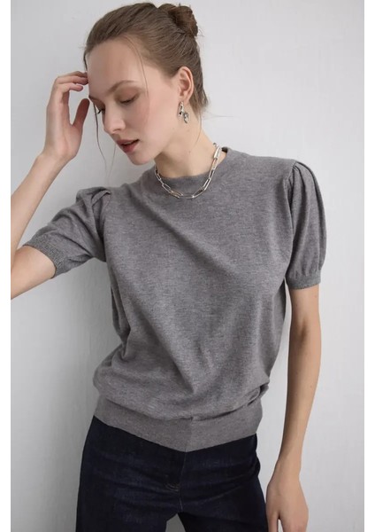 Balon Kol Triko Bluz - Gri