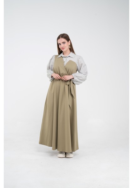 Çizgili Gömlek Detaylı Kuşaklı Elbise Takım K8059 fiyatları