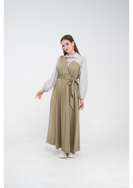 Çizgili Gömlek Detaylı Kuşaklı Elbise Takım K8059