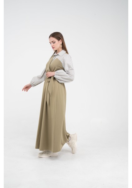 Çizgili Gömlek Detaylı Kuşaklı Elbise Takım K8059 fiyatları