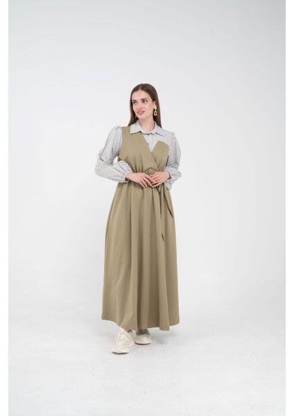 Çizgili Gömlek Detaylı Kuşaklı Elbise Takım K8059 modelleri