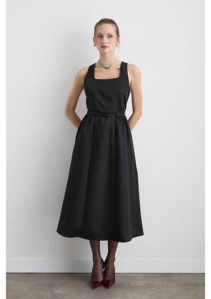 Beli Kemerli Kare Yaka Tafta Midi Elbise - Siyah fiyatları