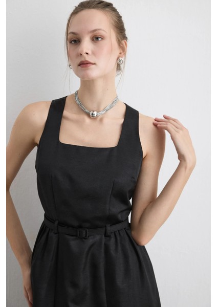 Beli Kemerli Kare Yaka Tafta Midi Elbise - Siyah modelleri