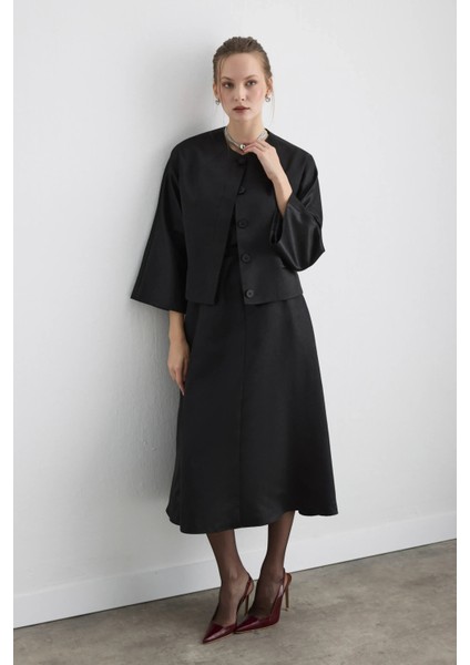 Beli Kemerli Kare Yaka Tafta Midi Elbise - Siyah indirimleri