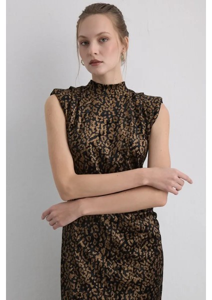 Leopar Baskılı Uzun Kadife Elbise - Siyah fiyatları