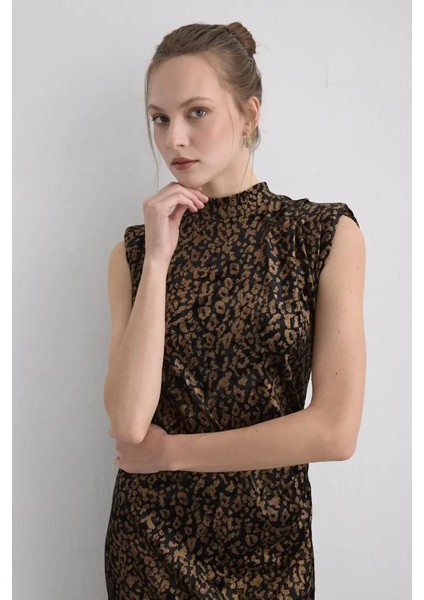 Leopar Baskılı Uzun Kadife Elbise - Siyah modelleri