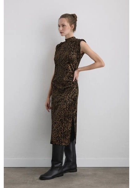 Leopar Baskılı Uzun Kadife Elbise - Siyah indirimleri