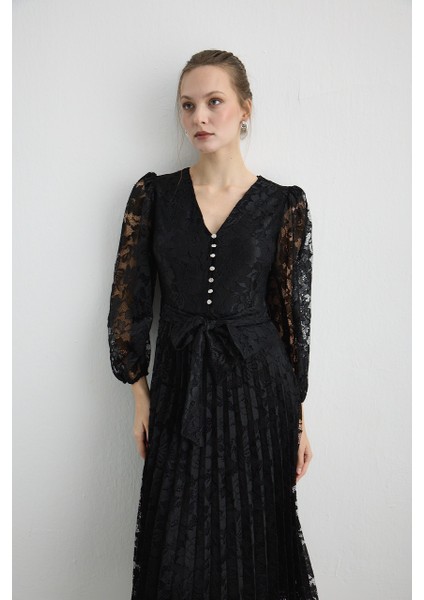 Dantel Pilise Uzun Abiye Elbise - Siyah fiyatları