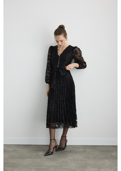 Dantel Pilise Uzun Abiye Elbise - Siyah modelleri