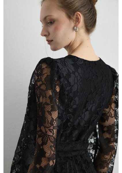 Dantel Pilise Uzun Abiye Elbise - Siyah indirimleri