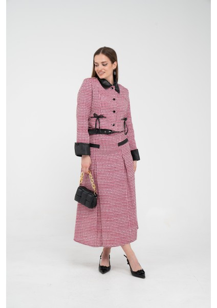 Deri Detaylı Ekose Ceket Etek Ikili Takım K8057