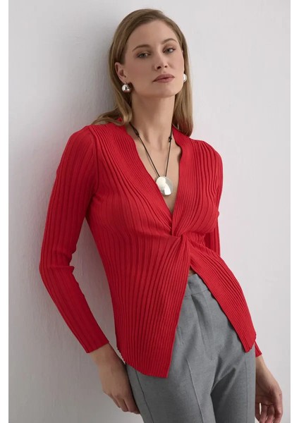 Düğüm Detaylı Viskon Triko Bluz - Kırmızı