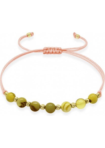 Makrome Örgülü Küre Kesim Dorika Top Süslemeli Sarı Beyaz Renk Doğal Damla Kehribar Kadın Bileklik