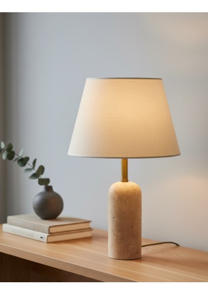 Luum Kumaş Şapkalı Traverten Abajur