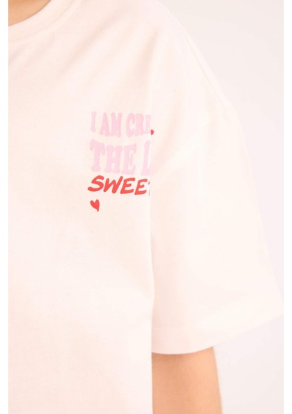 Kız Çocuk Oversize Geniş Kalıp Bisiklet Yaka Sırt Baskılı Kısa Kollu Tişört