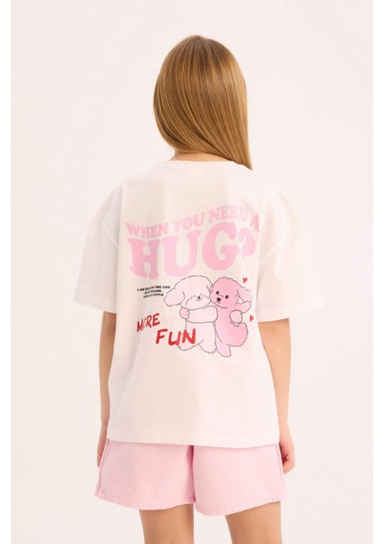 Kız Çocuk Oversize Geniş Kalıp Bisiklet Yaka Sırt Baskılı Kısa Kollu Tişört