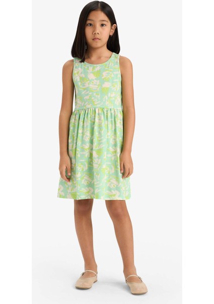 Kız Çocuk Bisiklet Yaka Desenli Kolsuz Yazlık Elbise B4338A825SM