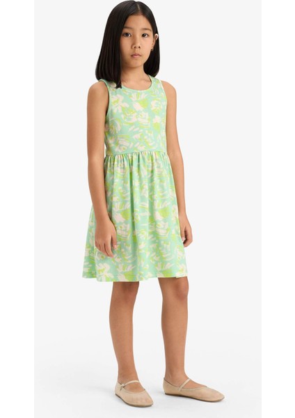 Kız Çocuk Bisiklet Yaka Desenli Kolsuz Yazlık Elbise B4338A825SM