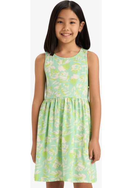 Kız Çocuk Bisiklet Yaka Desenli Kolsuz Yazlık Elbise B4338A825SM