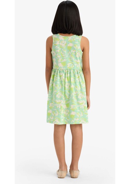 Kız Çocuk Bisiklet Yaka Desenli Kolsuz Yazlık Elbise B4338A825SM