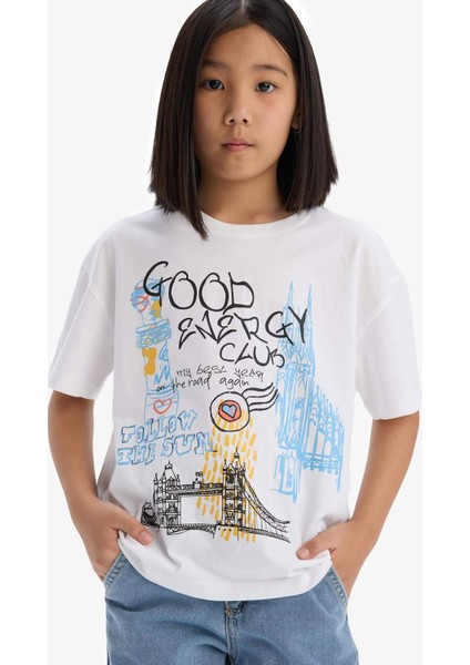 Kız Çocuk Oversize Geniş Kalıp Bisiklet Yaka Baskılı Kısa Kollu Tişört E0356A825SM