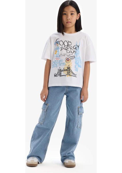 Kız Çocuk Oversize Geniş Kalıp Bisiklet Yaka Baskılı Kısa Kollu Tişört E0356A825SM