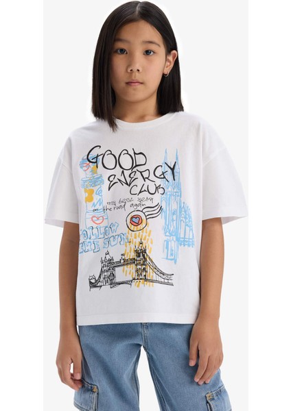 Kız Çocuk Oversize Geniş Kalıp Bisiklet Yaka Baskılı Kısa Kollu Tişört E0356A825SM